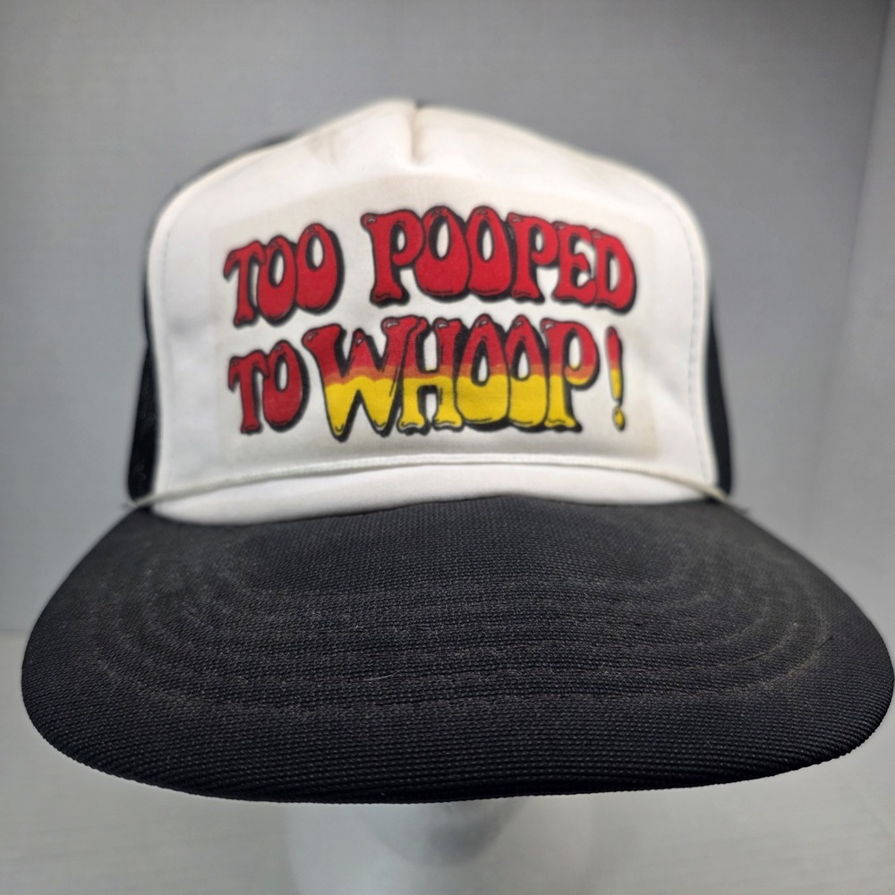 Vintage Yupoong Too Pooped to Whoop Trucker Hat Black White Mesh Snapback‎ Korea